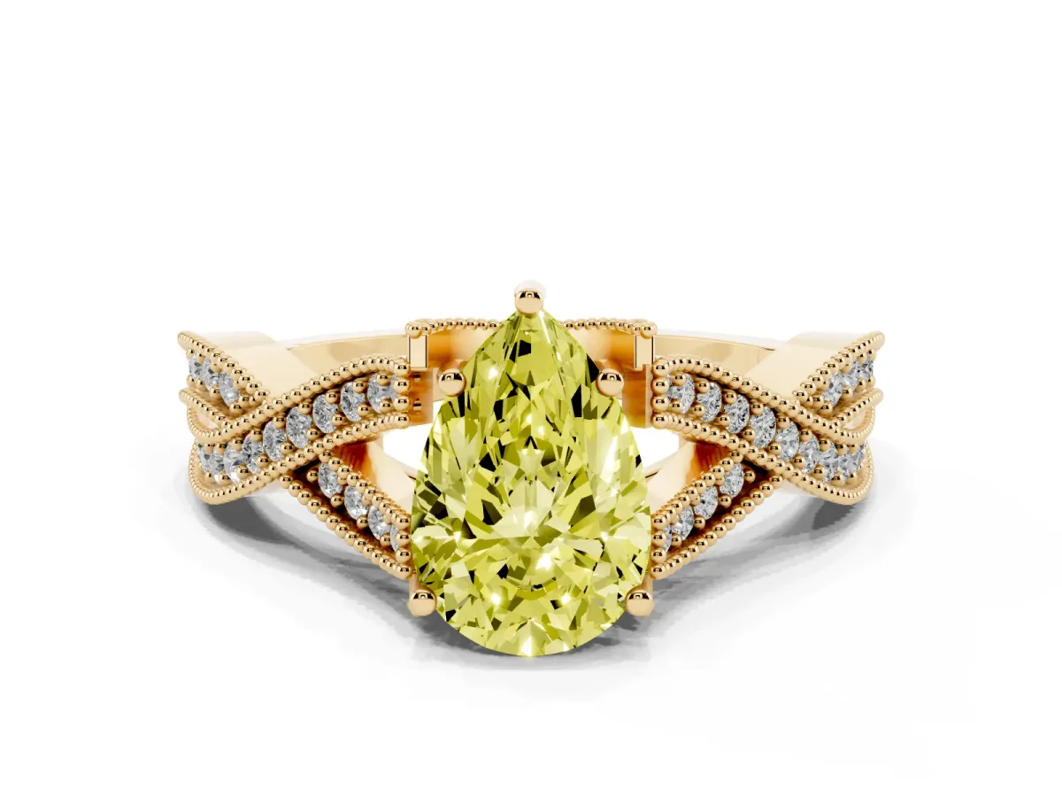 Fancy Yellow Pear Cut Cut Diamond Twisted Band with Milgrain Pave Setting and Four-Prong Setting Yellow gold