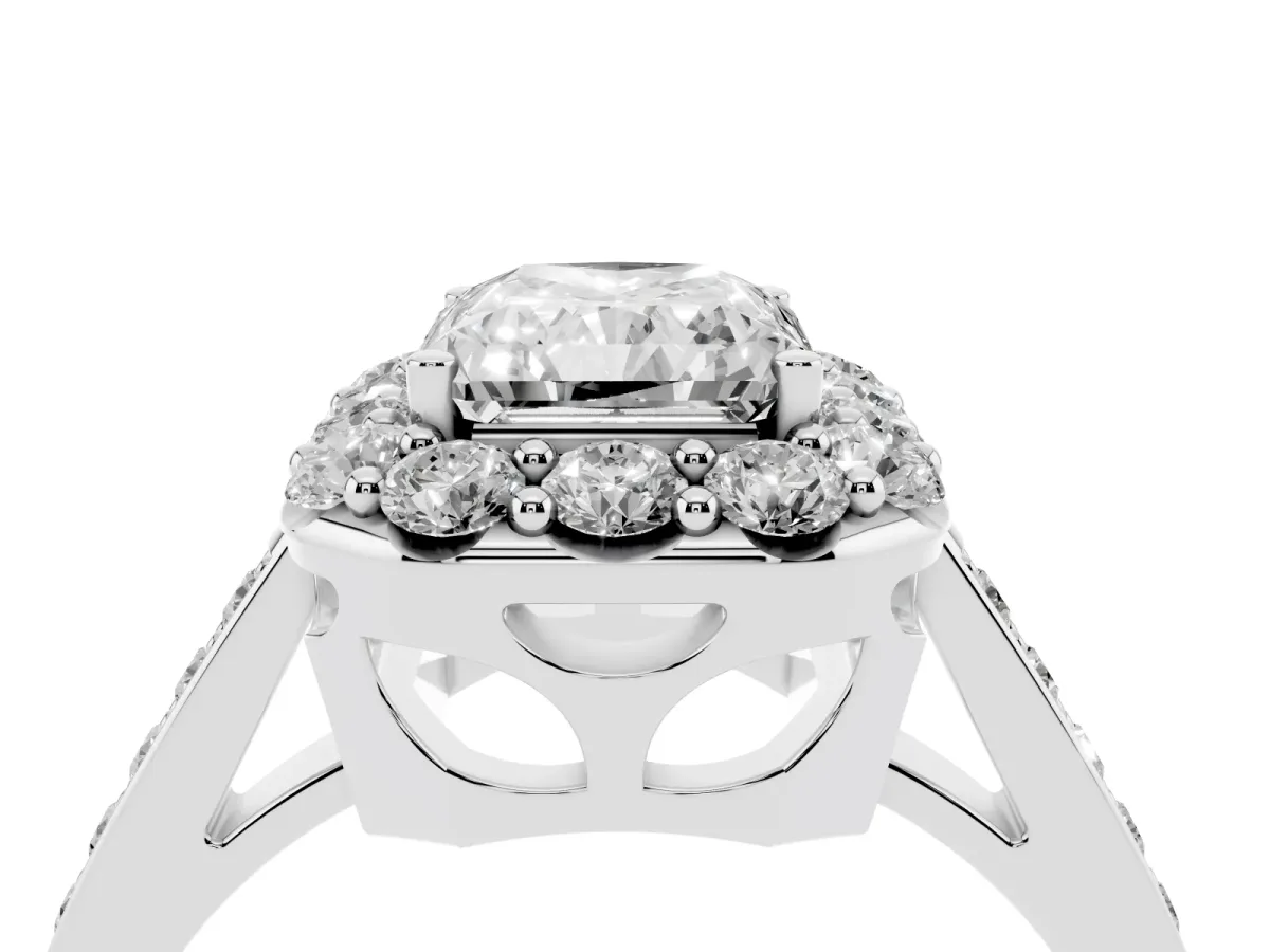 Radiant Cut Diamond Floral Halo Ring with Pavé Band and Prong Setting Silver