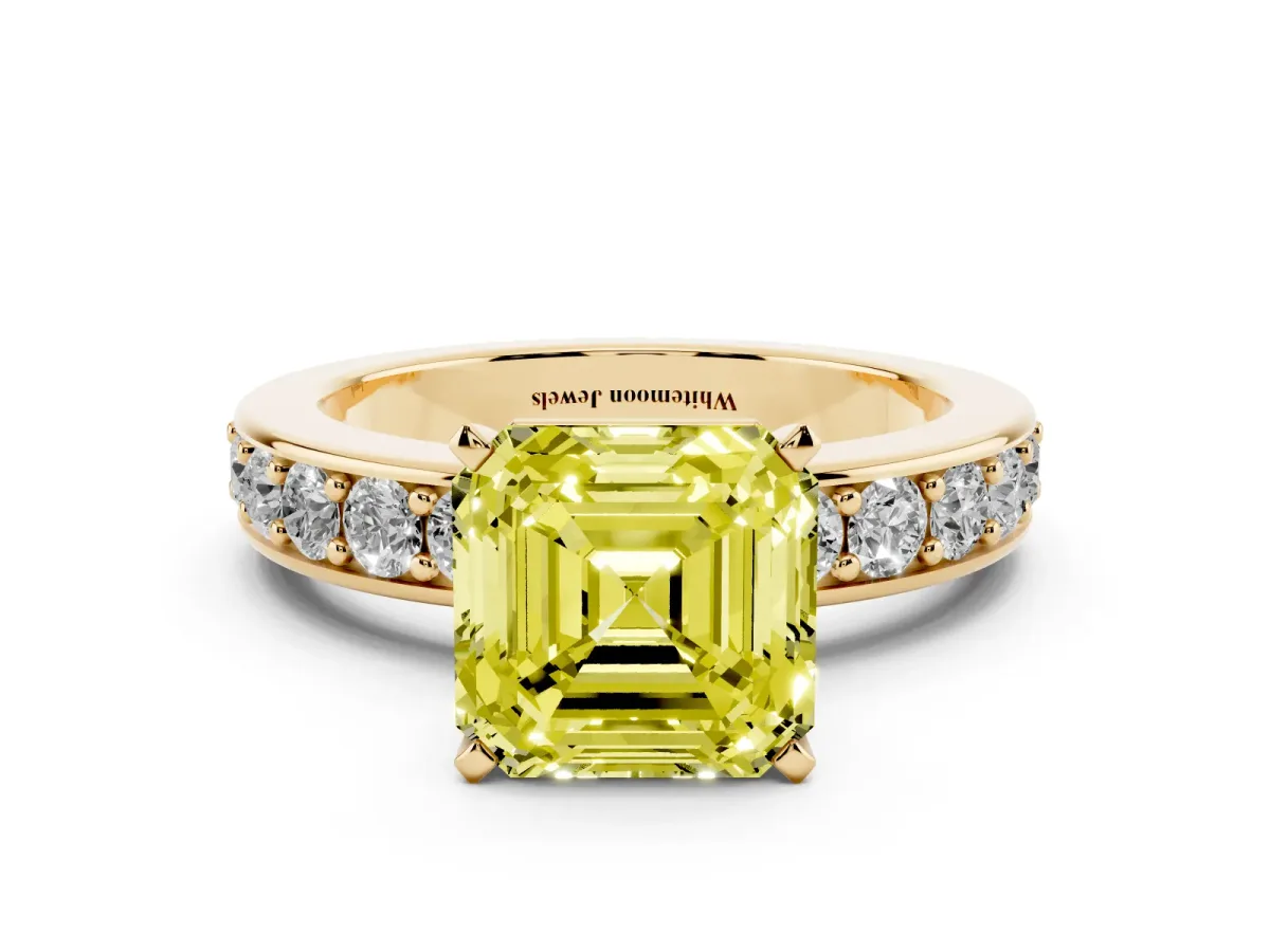 Fancy Yellow Asscher Cut Diamond Engagement Ring with Channel Set Round Band and Prong Setting Yellow gold
