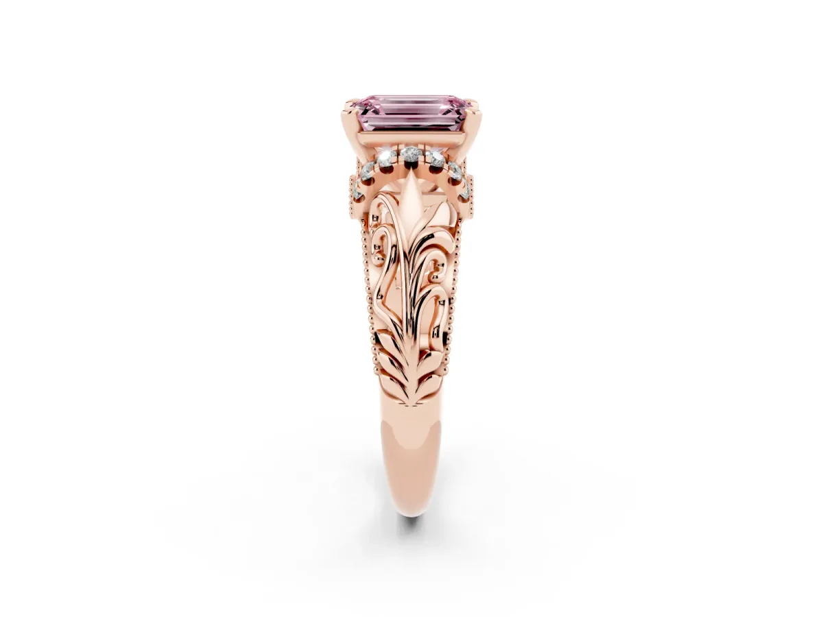 Fancy Pink Emerald Cut Solitaire Filigree Engagement Ring with Halo and Prong Setting Rose gold