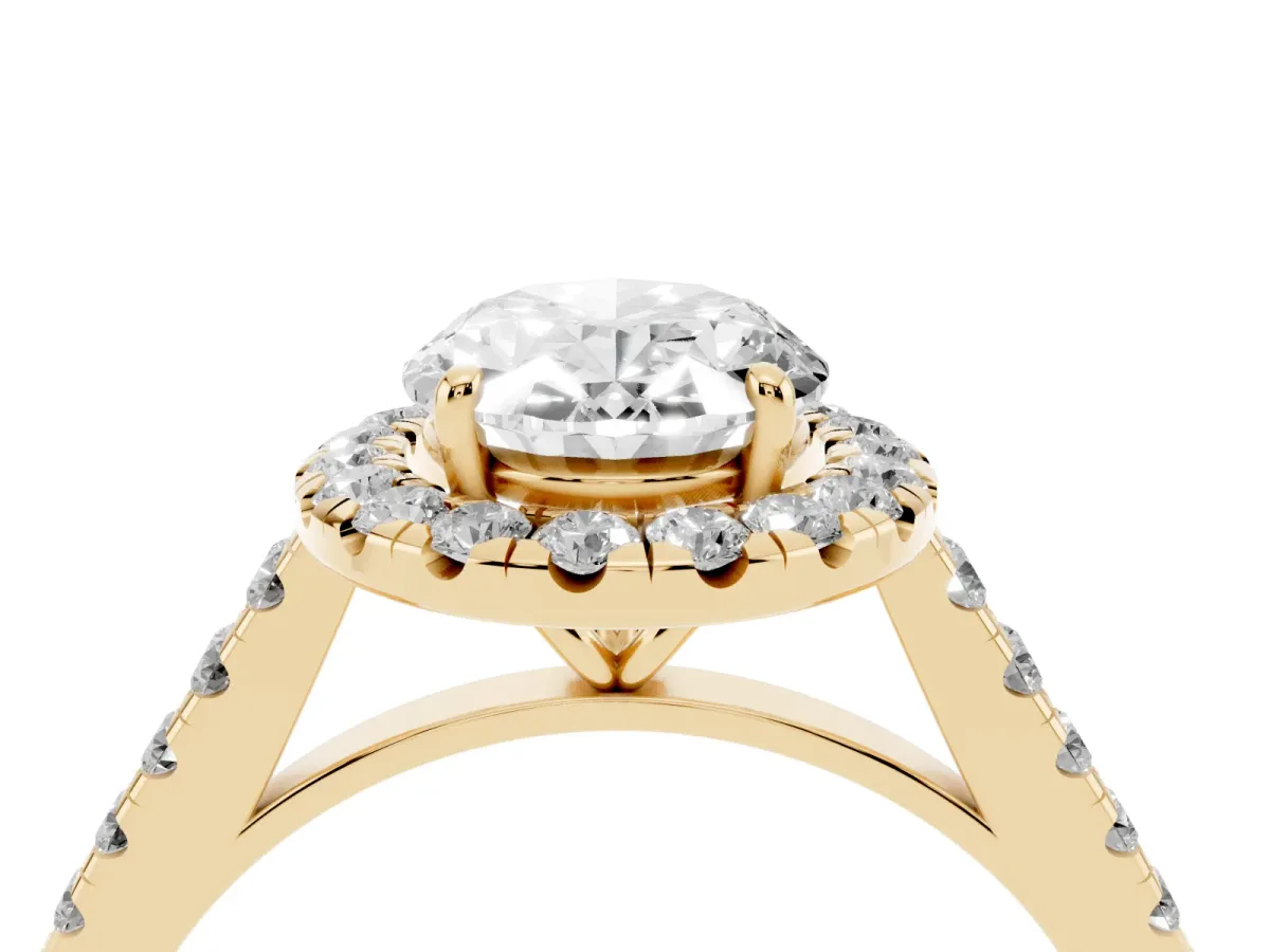 Oval Cut Halo Pave Diamond Engagement Ring with Four-Prong Setting Yellow gold