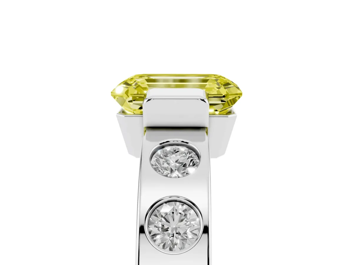 Fancy Yellow Emerald Cut Brilliant Channel-Set Diamond Ring with Bezel Prong Setting Platinum