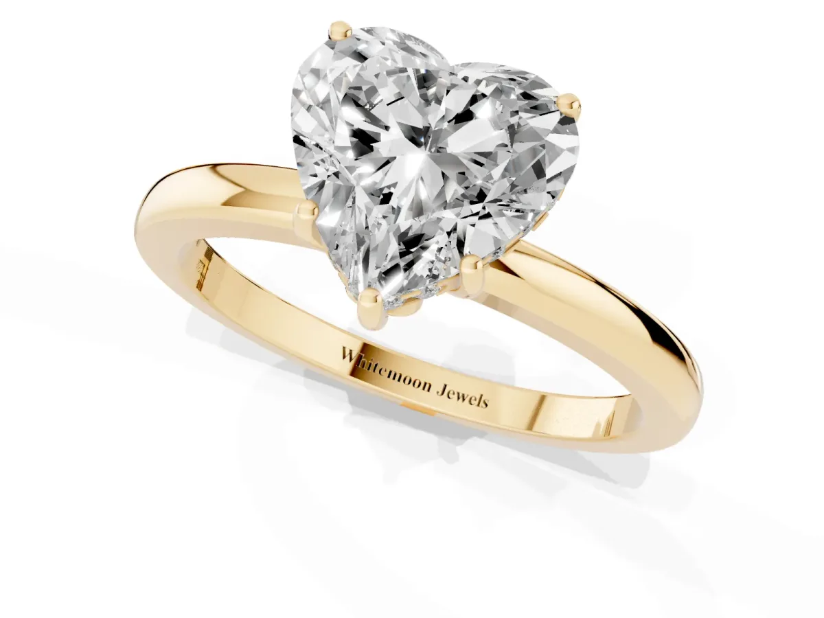 Heart Cut Solitaire Diamond Ring with Prong Setting and Plain Band Yellow gold