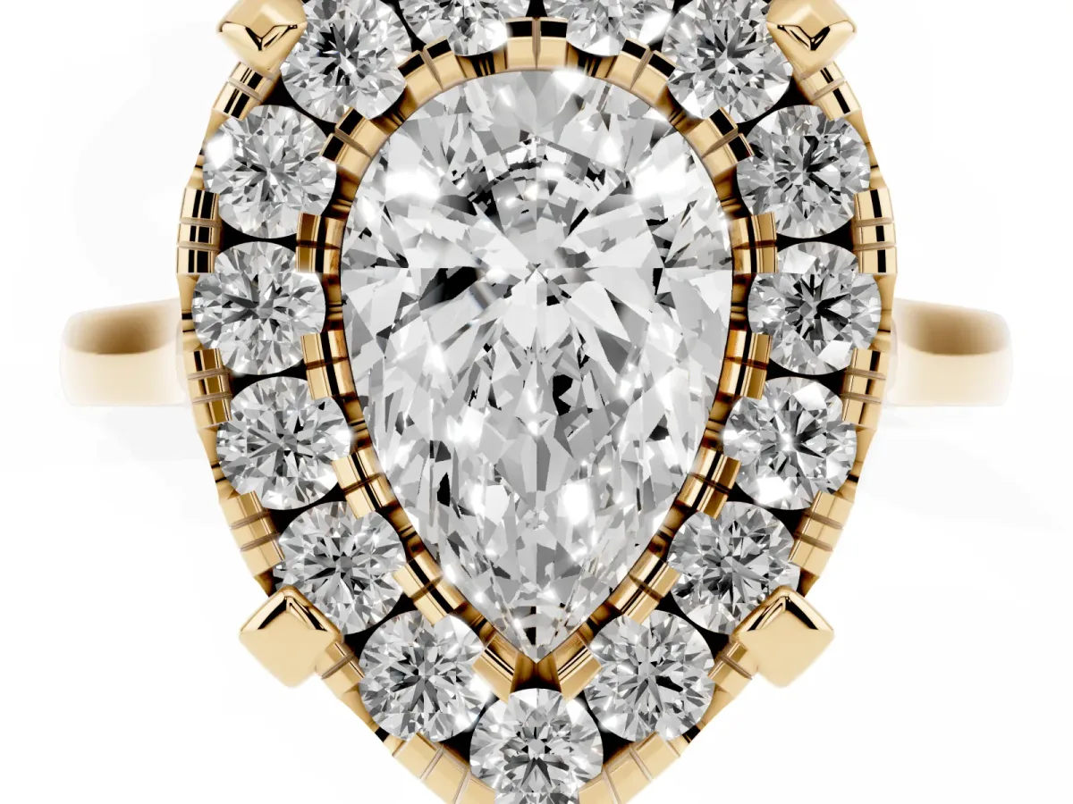Pear Cut Diamond Cluster Halo Solitaire with Four-Prong Setting Yellow gold