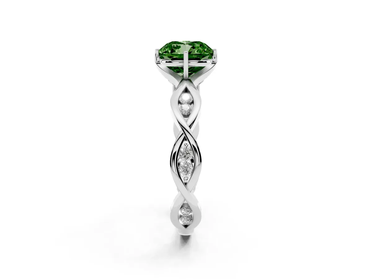 Fancy Green Cushion Cut Solitaire Twist Band with Leaf Prong Setting Silver