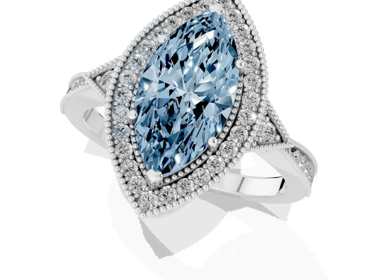 Fancy Blue Marquise Cut Halo Round Diamond Milgrain Pave Engagement Ring Silver