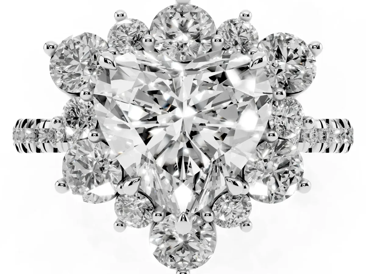 Heart Cut Diamond Floral Halo Ring with Round Pavé Band and Prong Setting Silver