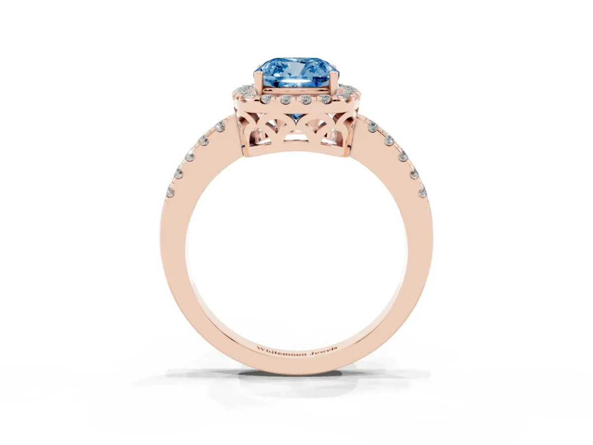 Fancy Blue Cushion Cut Halo Diamond Engagement Ring with Pavé Band and Four-Prong Setting Rose gold