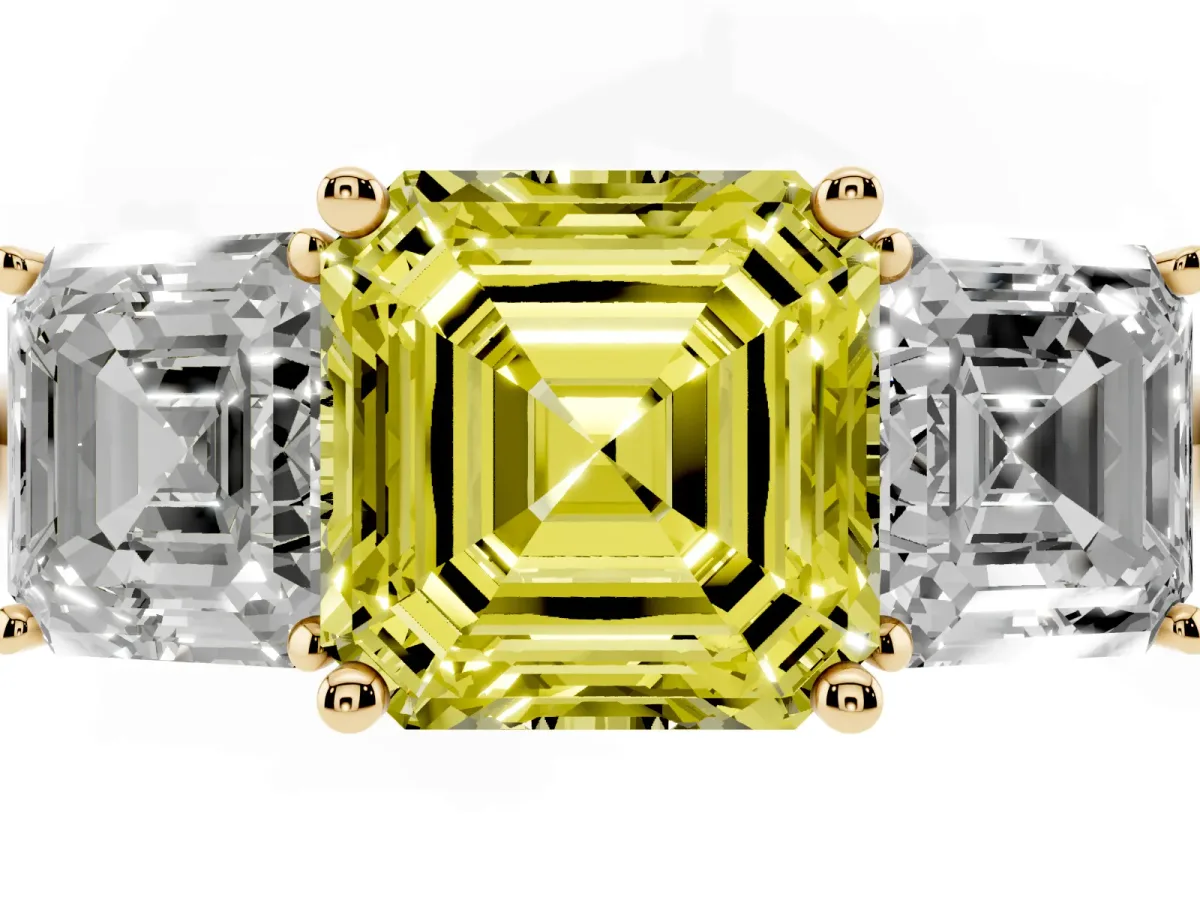 Fancy Yellow Three-Stone Asscher Cut Cut Diamond Engagement Ring with Prong Setting on a White Gold Band Yellow gold