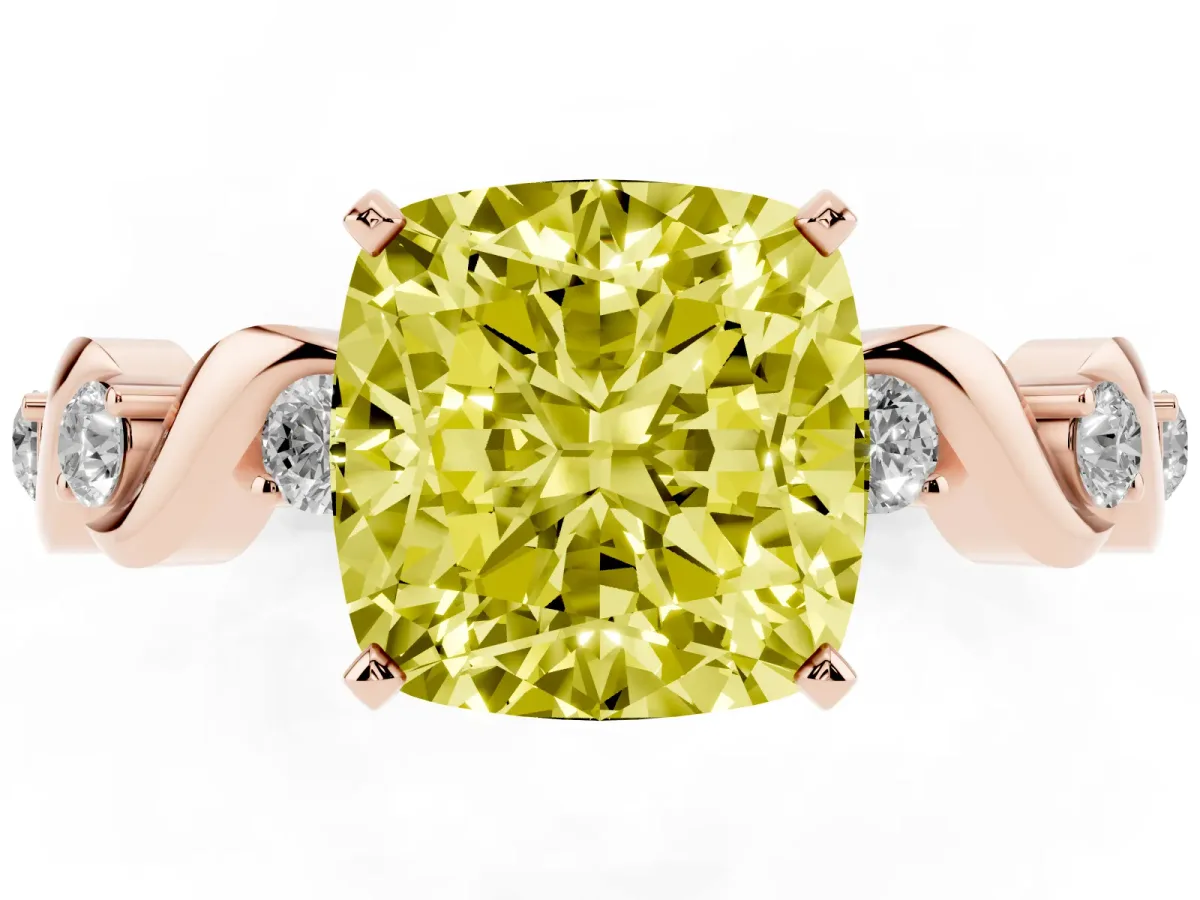 Fancy Yellow Cushion Cut Diamond Solitaire Twisted Band with Round Accents and Prong Setting Rose gold