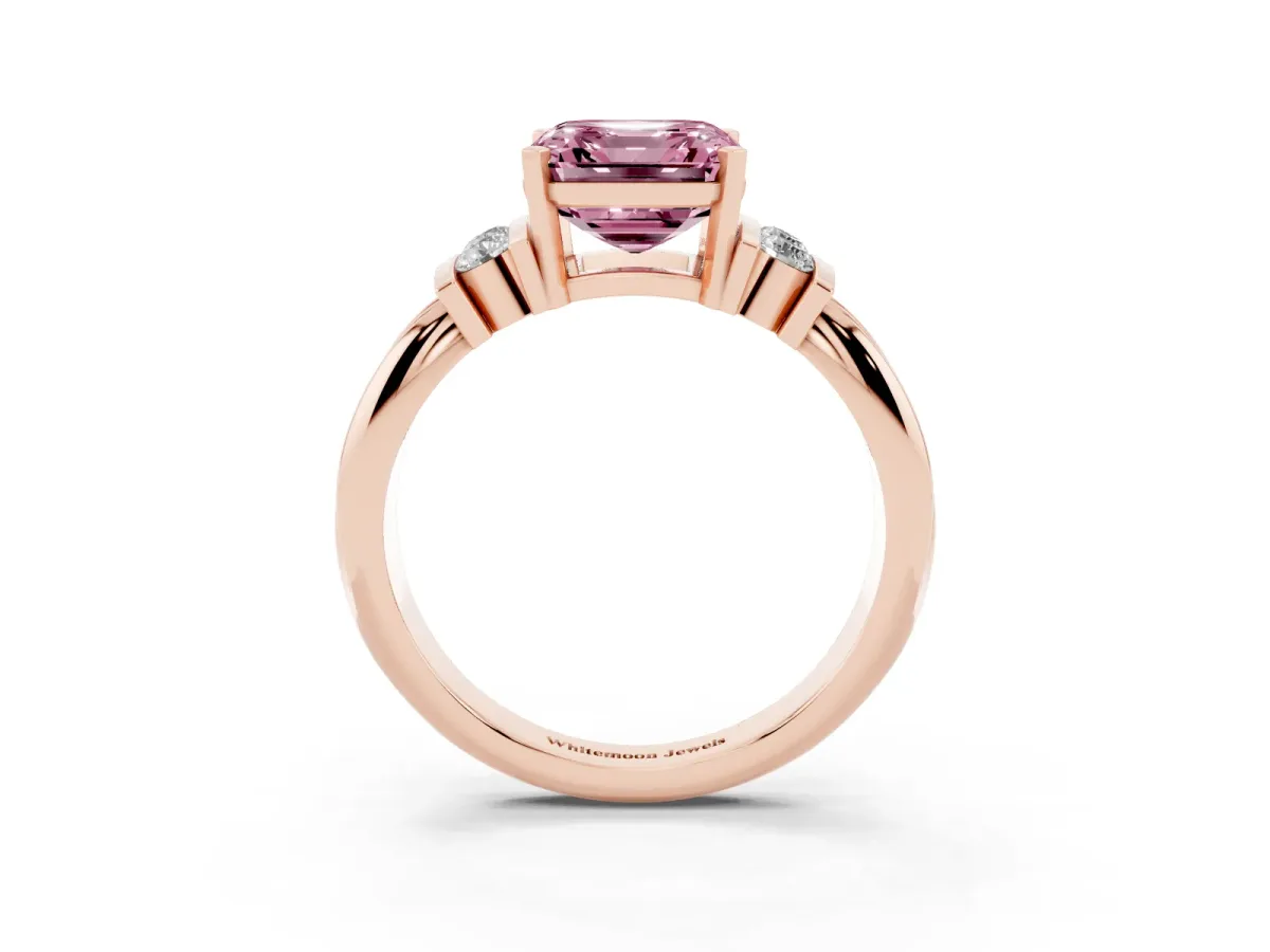 Fancy Pink Asscher Cut Cut Three-Stone Channel Set Ring with Bar Prongs Rose gold