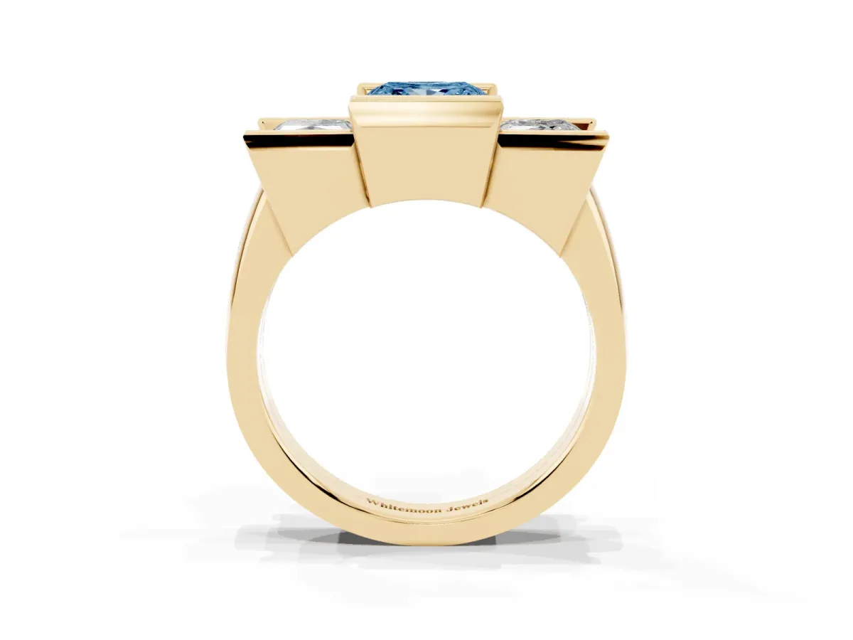 Fancy Blue Three Stone Princess Cut Cut Channel Set Diamond Ring Yellow gold