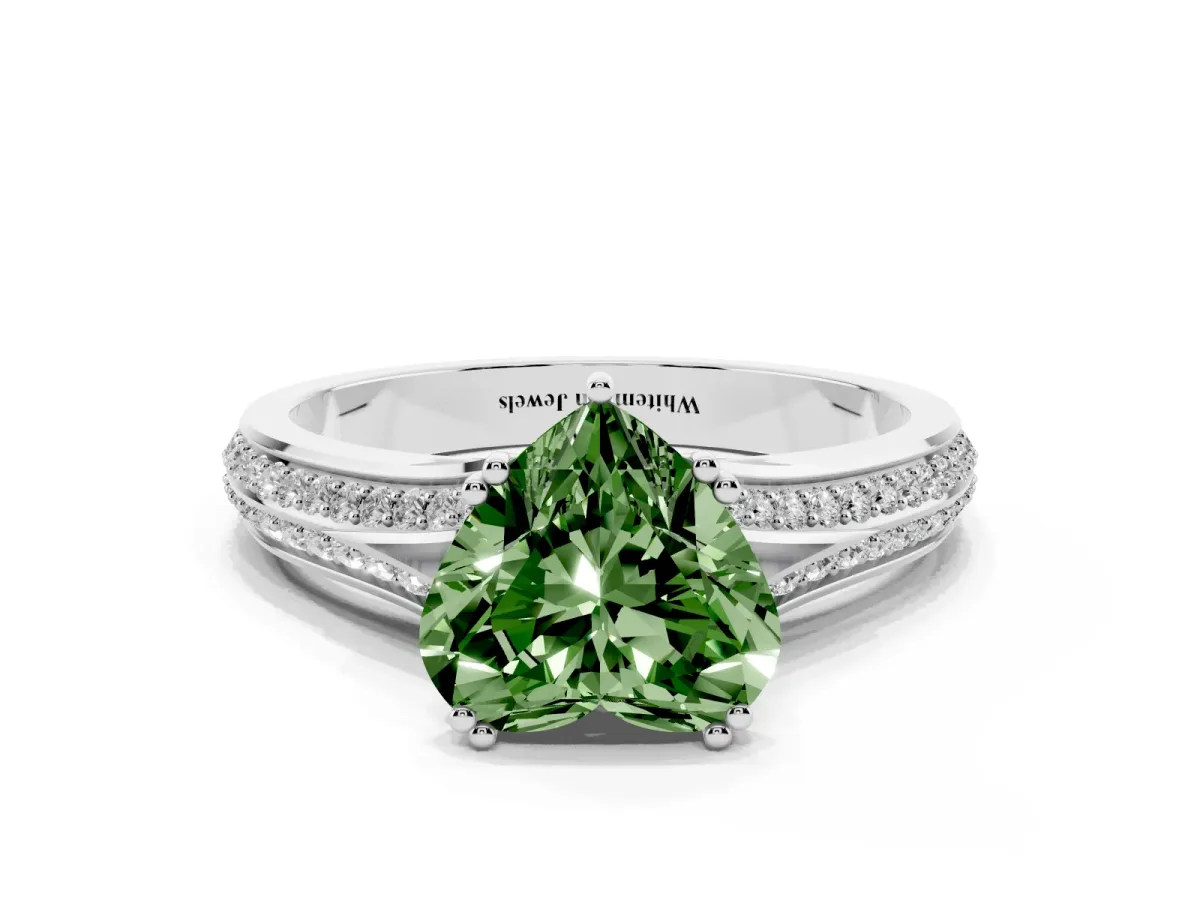 Fancy Green Heart Cut Diamond Split Shank Engagement Ring with Pavé Band Silver