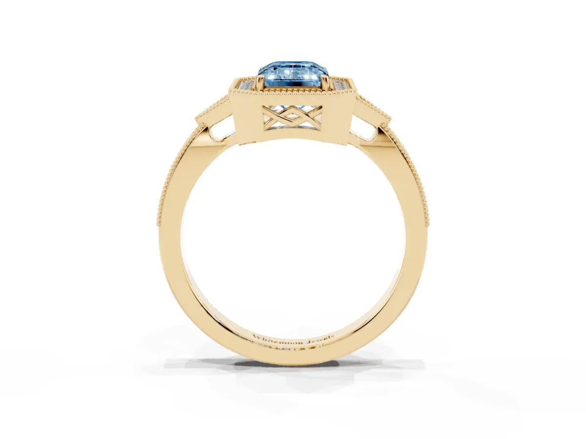 Fancy Blue Emerald Cut Halo Round Diamond Milgrain Pave Engagement Ring Yellow gold