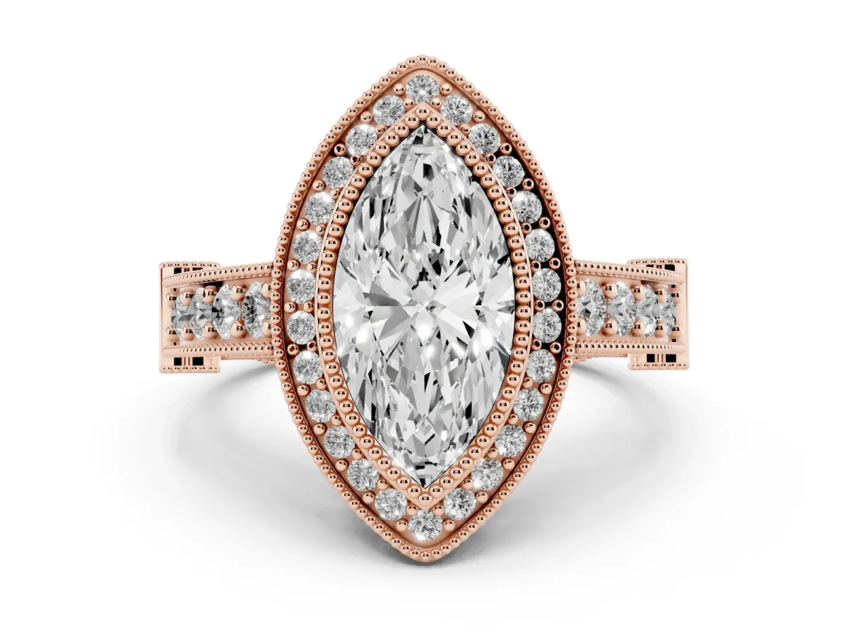 Marquise Cut Halo Diamond Split Shank Pave Ring Rose gold