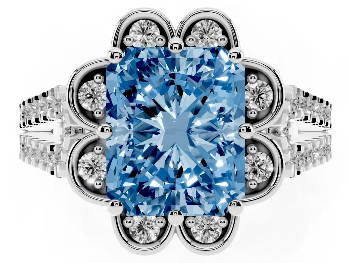 Fancy Blue Radiant Cut Halo Diamond Floral Split Shank Engagement Ring Silver