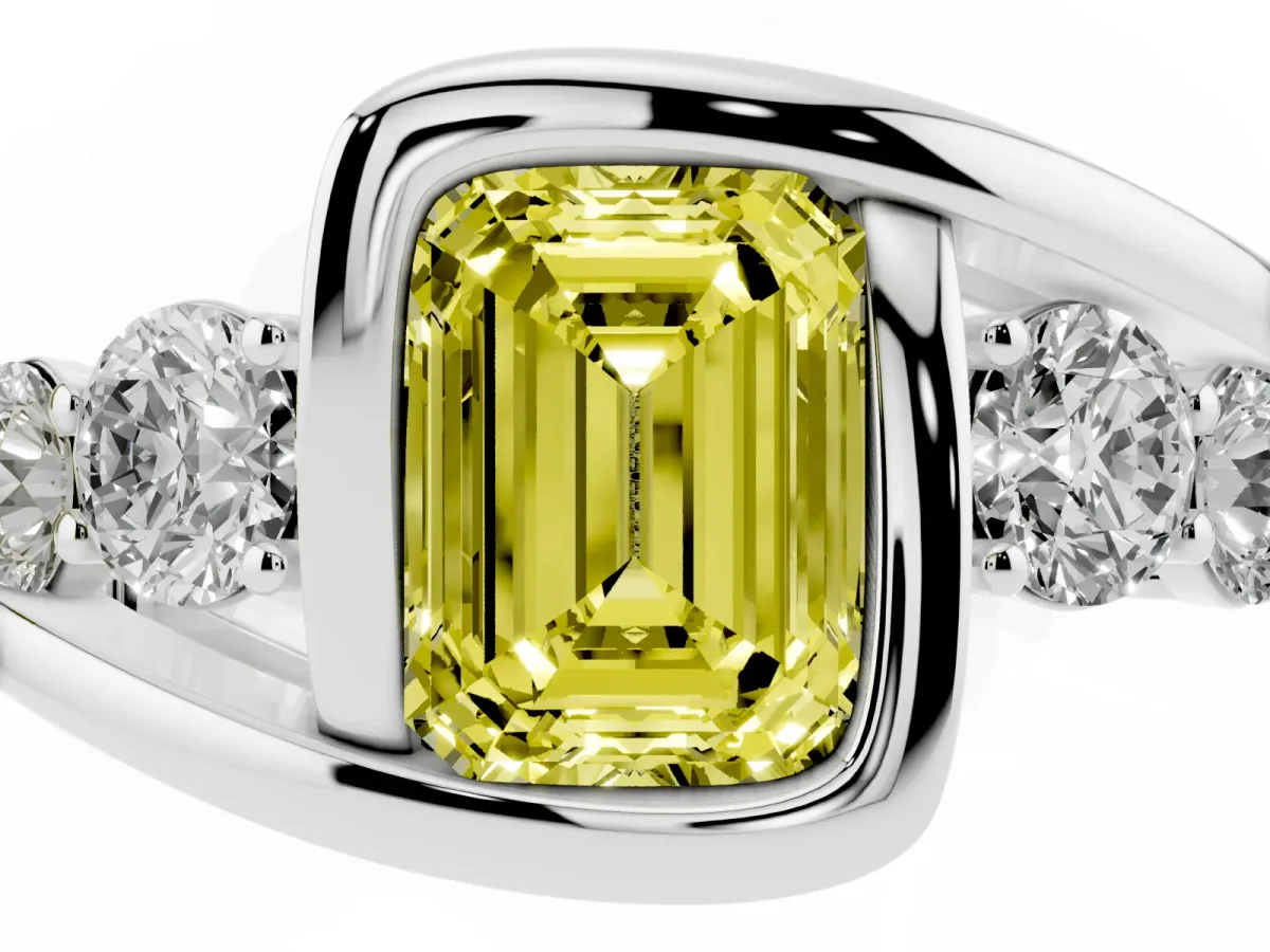Fancy Yellow Bezel Set Emerald Cut Diamond Bypass Ring with Round Accents Silver