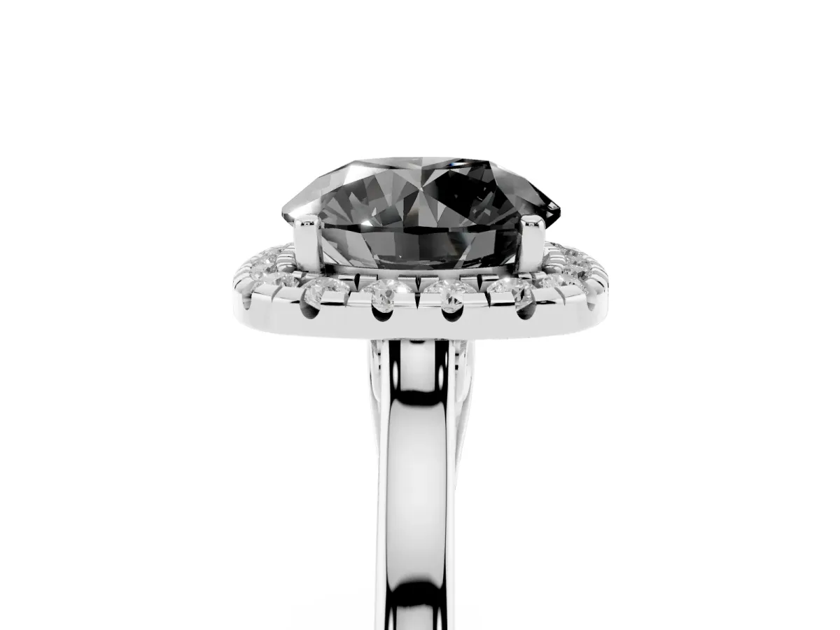 Fancy Black Round Cut Halo Round Diamond Solitaire Ring with Pavé Band and Four-Prong Setting Platinum