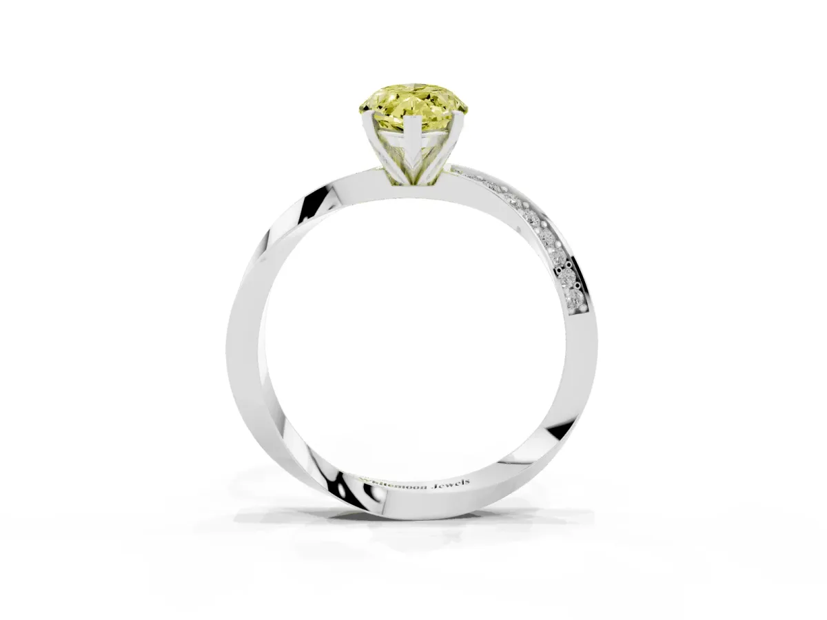 Fancy Yellow Marquise Cut Diamond Engagement Ring with Side Stone Accents and Four-Prong Setting Silver