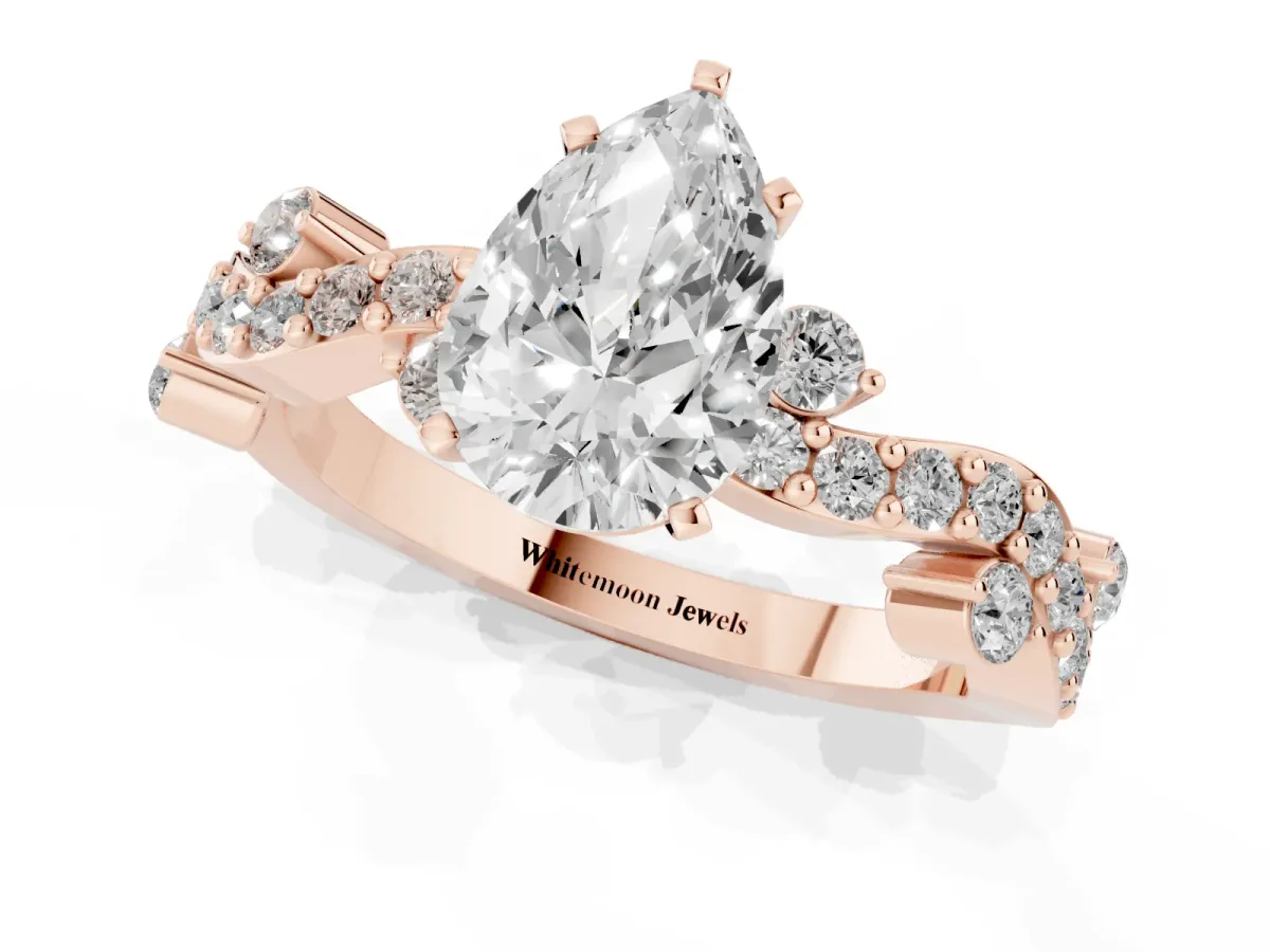 Pear Cut Cut Solitaire Diamond Twisted Band with Pave Setting Rose gold