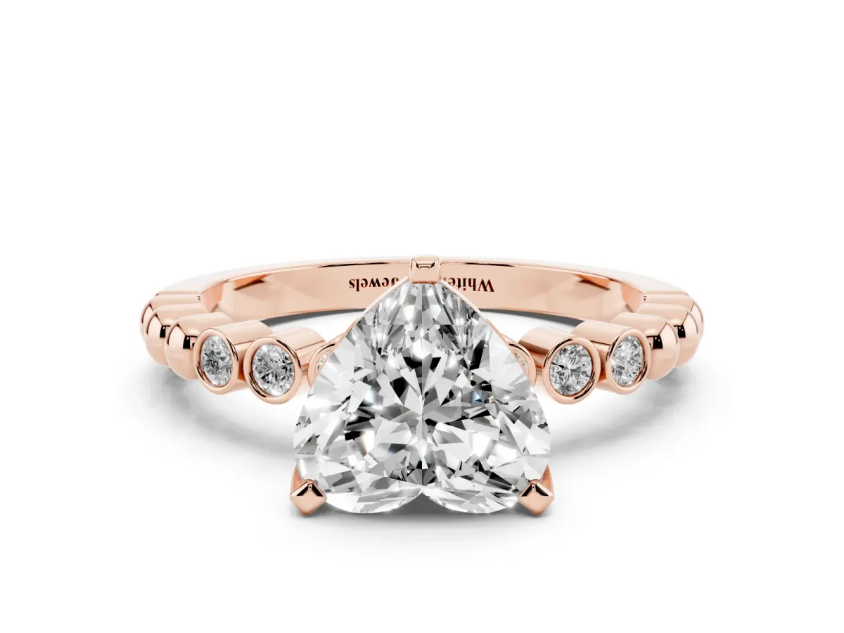 Heart Cut Solitaire Bezel Accent Diamond Engagement Ring with Beaded Band and Four-Prong Setting Rose gold