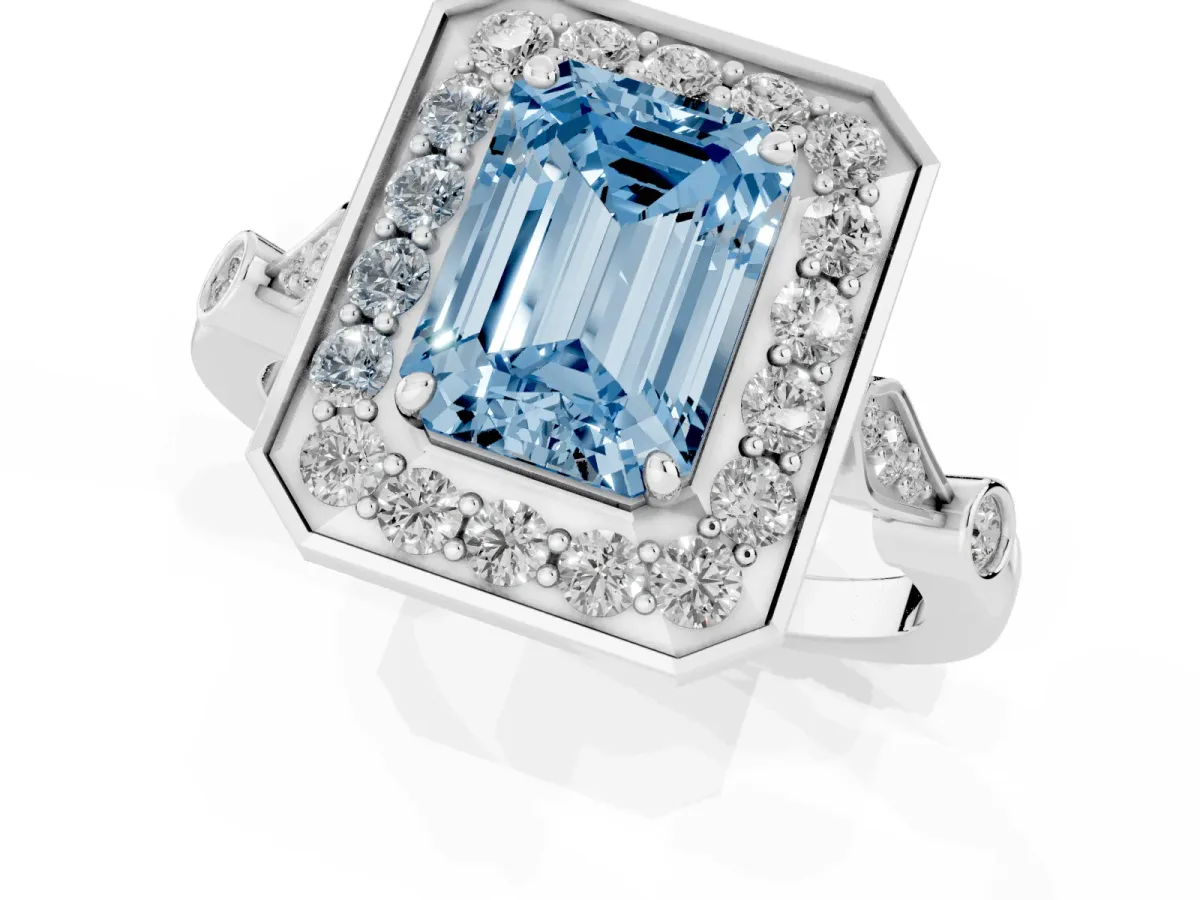 Fancy Blue Emerald Cut Halo Diamond Engagement Ring with Twisted Band and Four-Prong Setting Silver