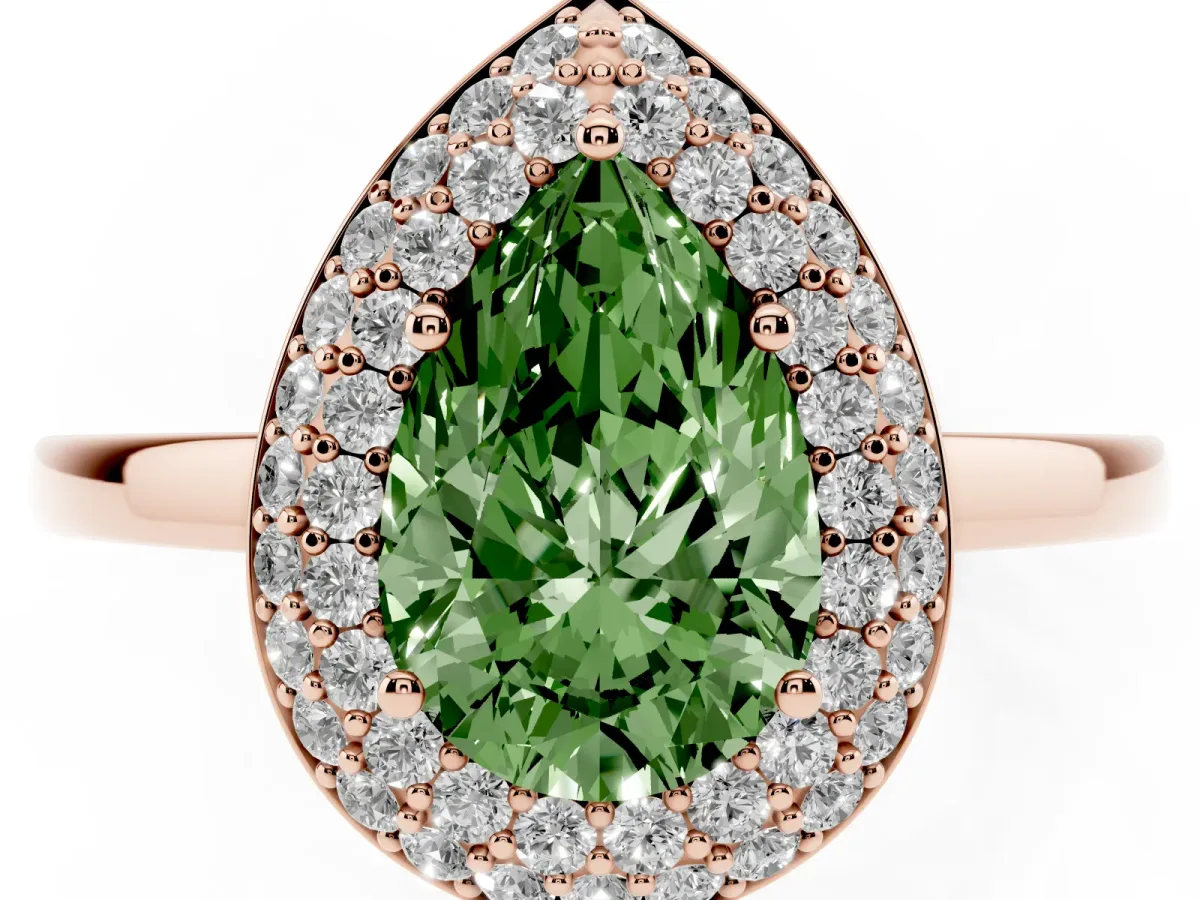 Fancy Green Pear Cut Halo Diamond Engagement Ring with Solitaire Band and Four-Prong Setting Rose gold