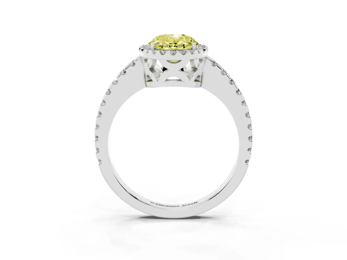 Fancy Yellow Oval Cut Diamond Halo Engagement Ring with Pavé Band and Prong Setting White gold