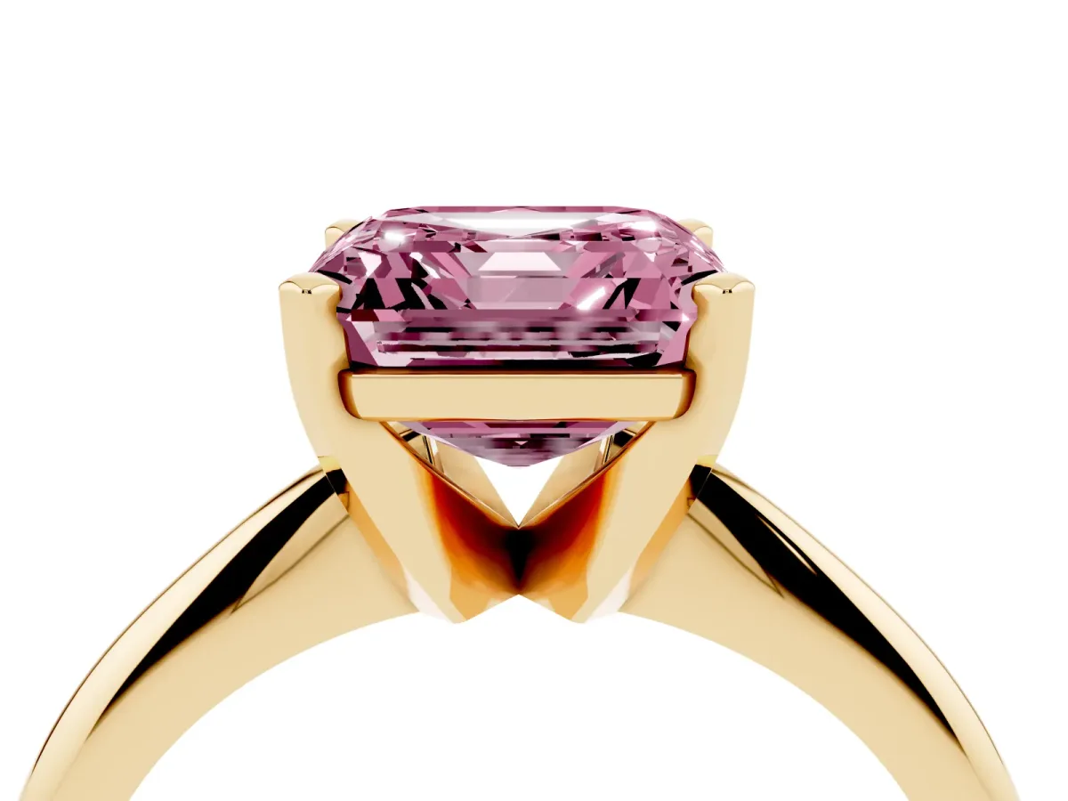 Fancy Pink Asscher Cut Cut Solitaire Ring with Four-Prong Setting on a Classic Band Yellow gold