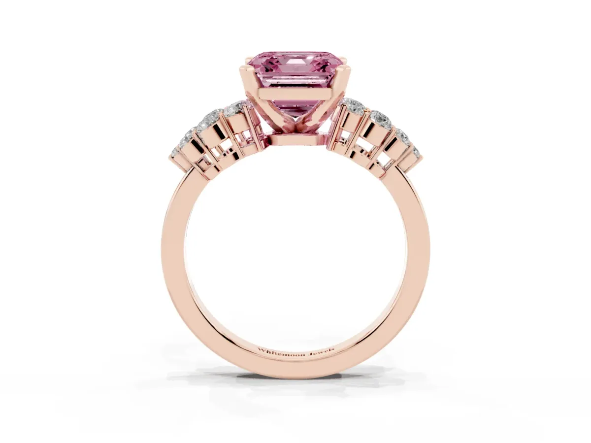 Fancy Pink Asscher Cut Cluster Diamond Engagement Ring with Pavé Band and Four-Prong Setting Rose gold