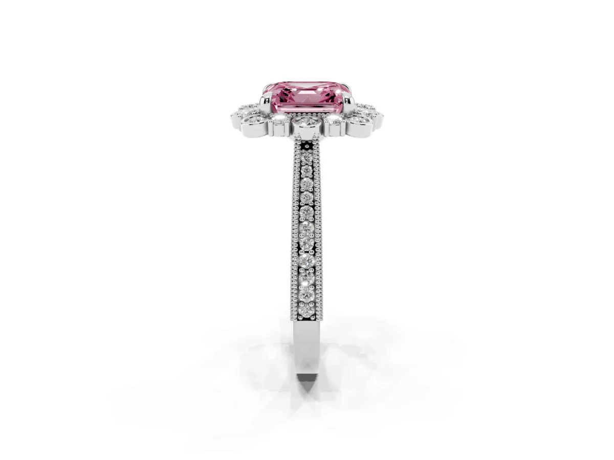 Fancy Pink Asscher Cut Halo Milgrain Pave Diamond Ring with Four-Prong Setting White gold