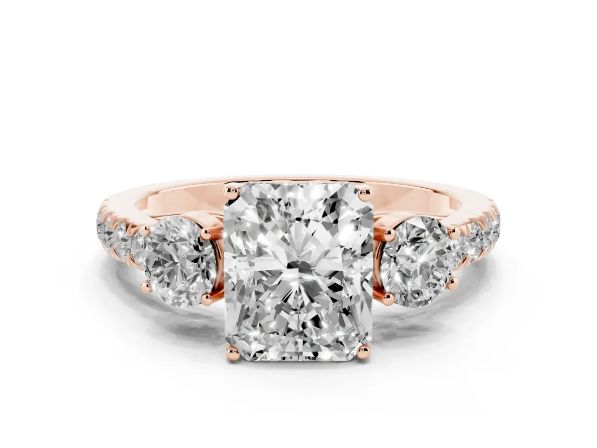 Radiant Cut Cut Diamond Three-Stone Ring with Round Side Stones and Pavé Band Rose gold