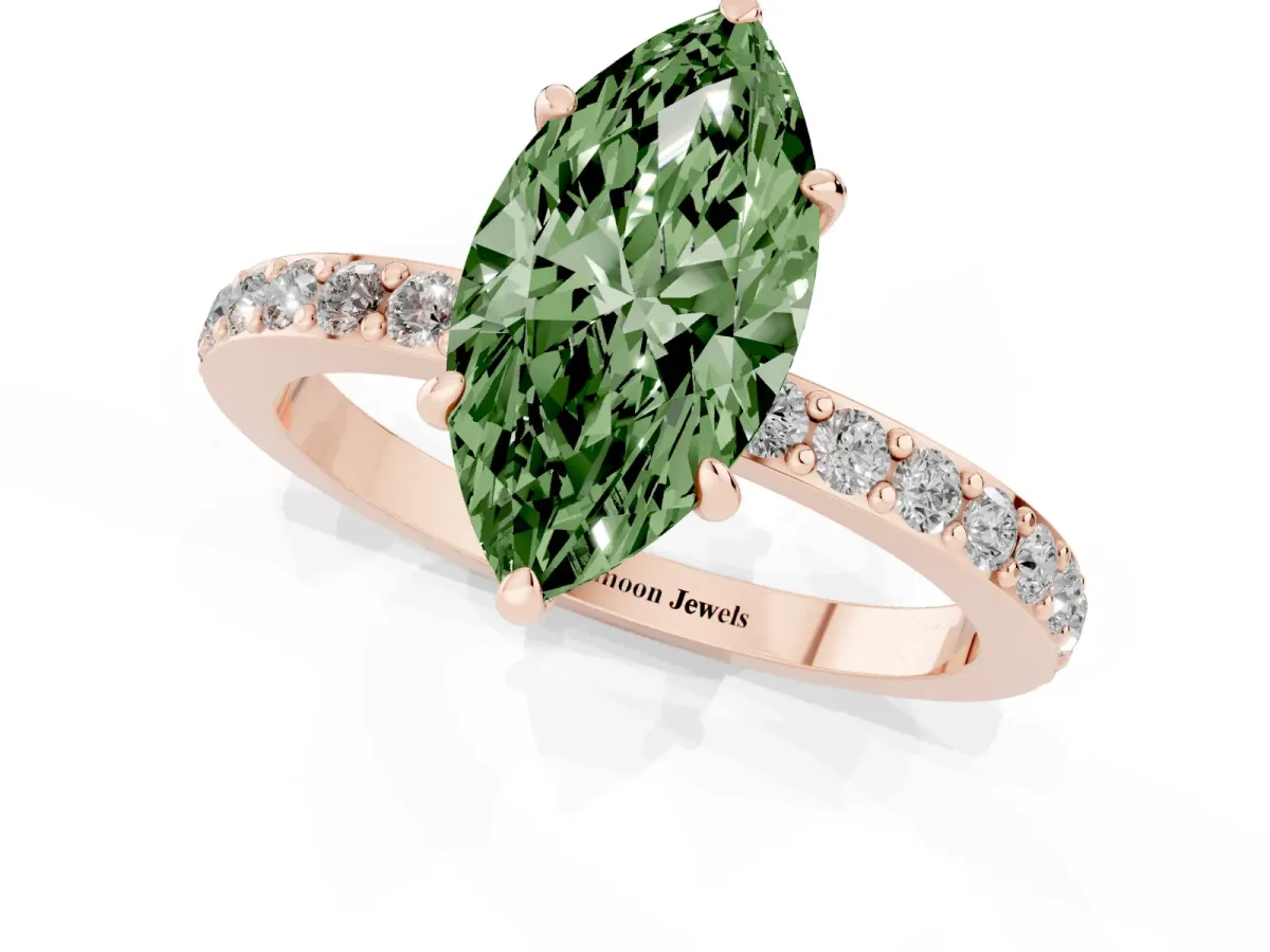 Fancy Green Marquise Cut Diamond Pavé Engagement Ring with Round Accents and Prong Setting Rose gold