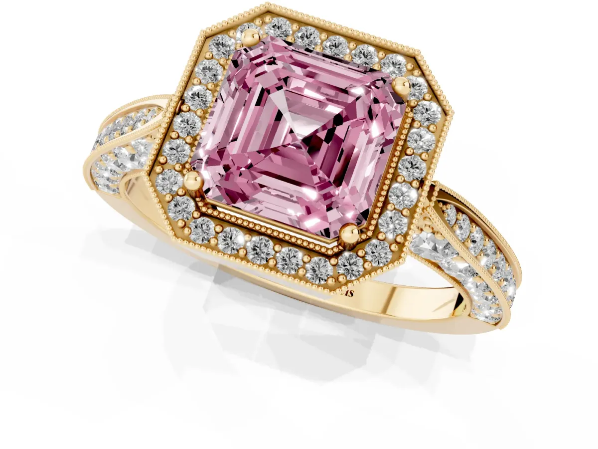 Fancy Pink Asscher Cut Halo Diamond Engagement Ring with Split Shank Band and Four-Prong Setting Yellow gold