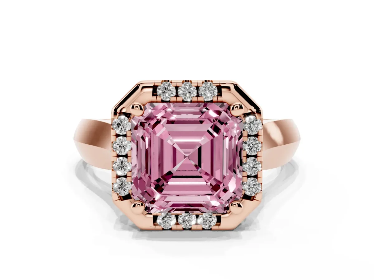 Fancy Pink Asscher Cut Cut Halo Solitaire Engagement Ring with Square Band and Four-Prong Setting Rose gold