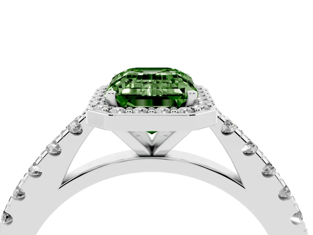 Fancy Green Emerald Cut Cut Halo Diamond Engagement Ring with Pave Band and Four-Prong Setting Platinum