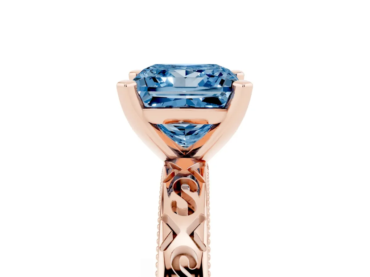 Fancy Blue Princess Cut Solitaire Engagement Ring with Scrollwork Band and Four-Prong Setting Rose gold