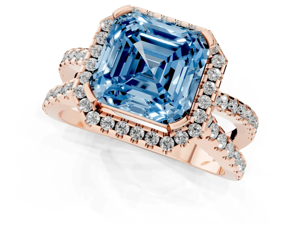 Fancy Blue Asscher Cut Diamond Halo Ring with Split Shank Pavé Band and Prong Setting Rose gold
