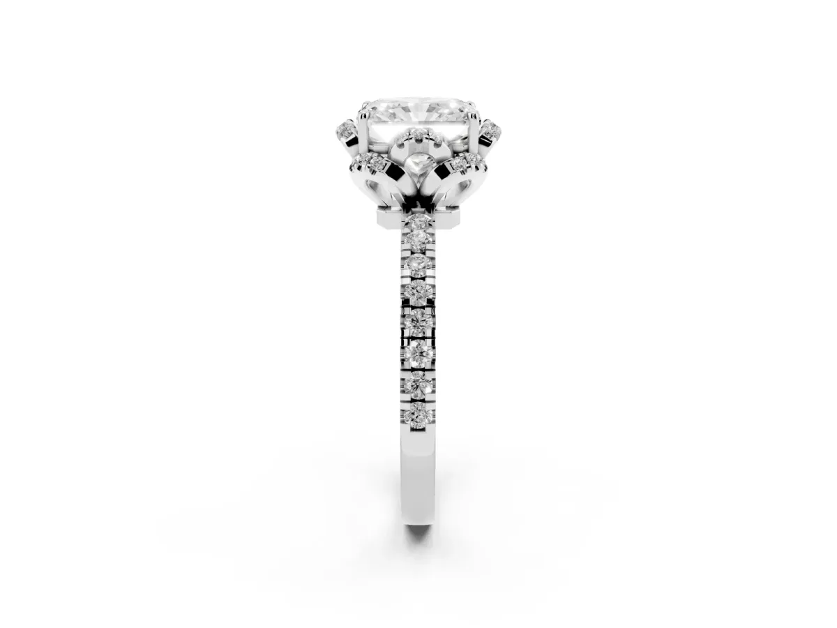 Radiant Cut Halo Diamond Pave Band Ring with Four-Prong Setting Silver