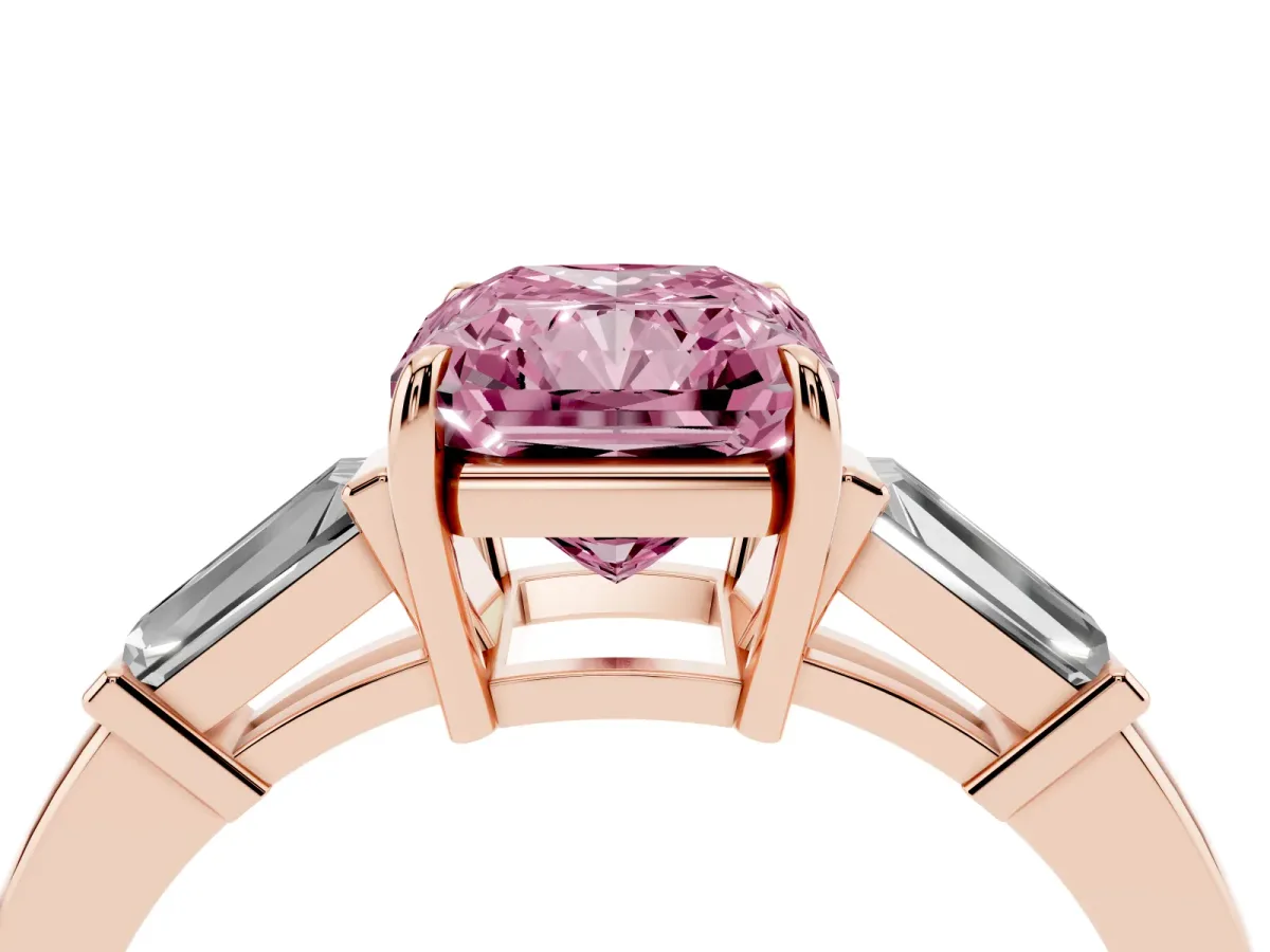 Fancy Pink Radiant Cut Diamond Three-Stone Ring with Tapered Baguette Side Stones and Prong Setting Rose gold