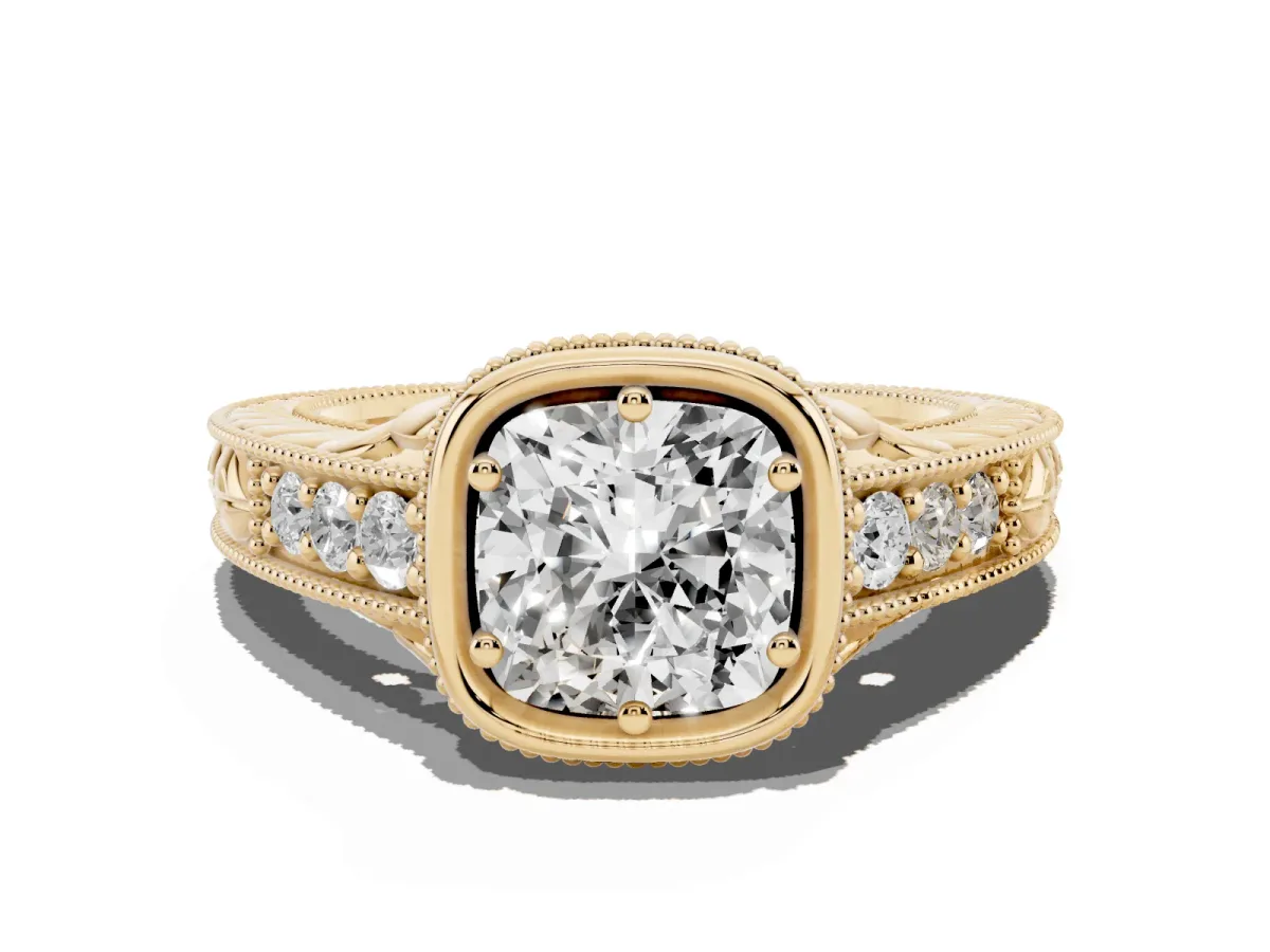 Bezel Set Cushion Cut Diamond Milgrain Pave Engagement Ring Yellow gold