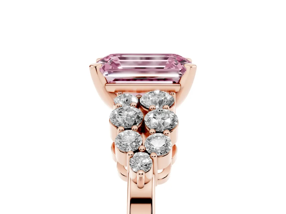 Fancy Pink Emerald Cut Cluster Diamond Engagement Ring with Pavé Band and Four-Prong Setting Rose gold