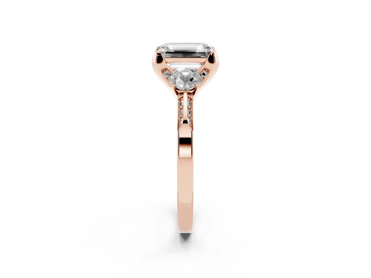 Fancy Black Emerald Cut Brilliant Three-Stone Diamond Ring with Pavé Band and Four-Prong Setting Rose gold
