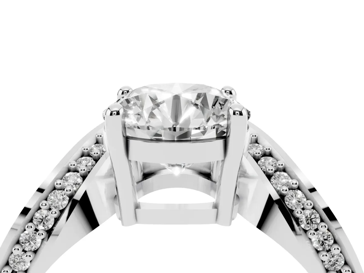 Round Cut Solitaire Diamond Engagement Ring with Pave Band and Four-Prong Setting Silver