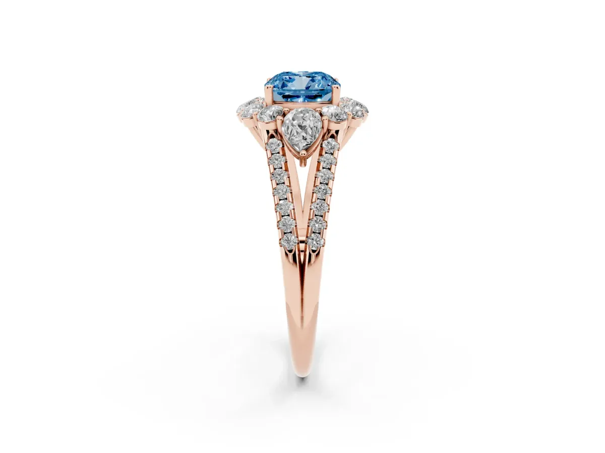 Fancy Blue Cushion Cut Halo Split Shank Diamond Engagement Ring with Prong Setting Rose gold
