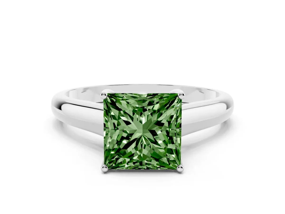 Fancy Green Princess Cut Solitaire Engagement Ring with Tapered Band and Four-Prong Setting Silver