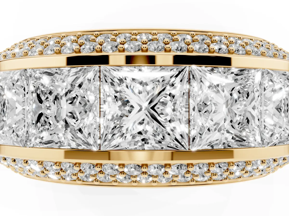 Princess Diamond Pavé Mens Wedding Band with Round Diamond Accents Yellow gold