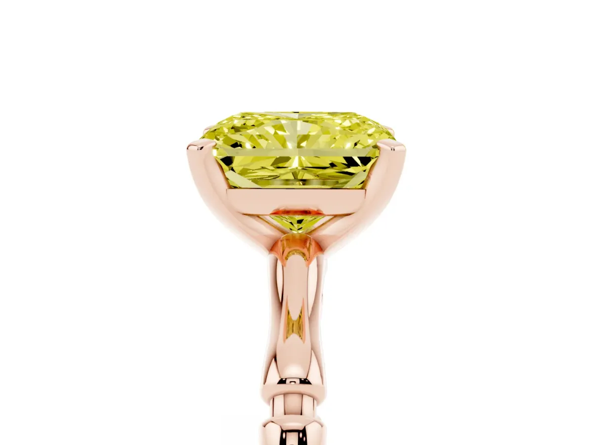 Fancy Yellow Radiant Cut Solitaire Diamond Ring with Bamboo Band and Four-Prong Setting Rose gold