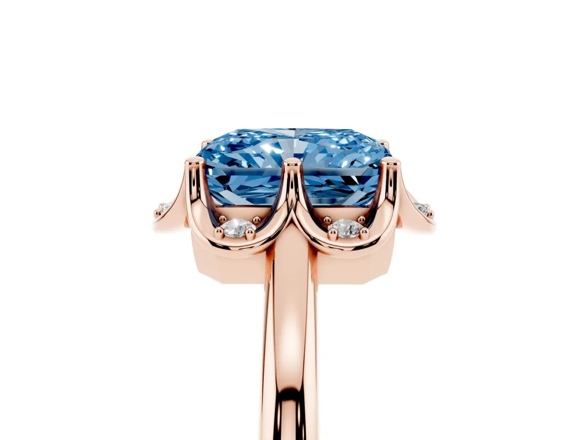Fancy Blue Radiant Cut Halo Diamond Ring with Round Cluster Setting, Solitaire Band, and Four-Prong Setting Rose gold