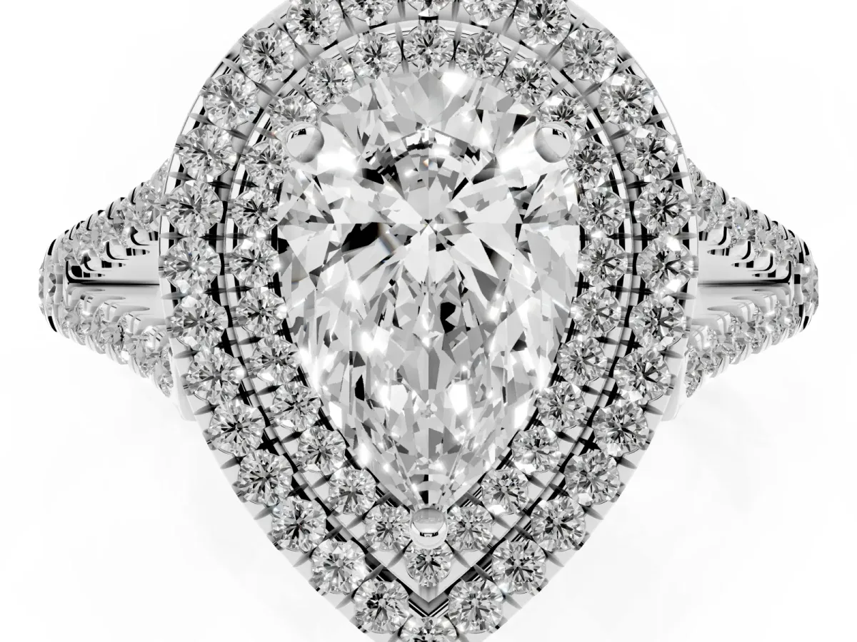 Pear Cut Diamond Double Halo Ring with Pavé Band and Prong Setting Silver